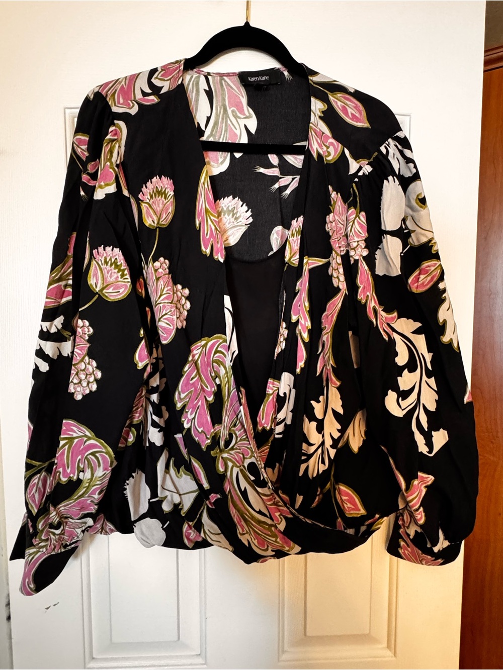 Karen Kane Black Floral Wrap Blouse with Pink & Cream Accents